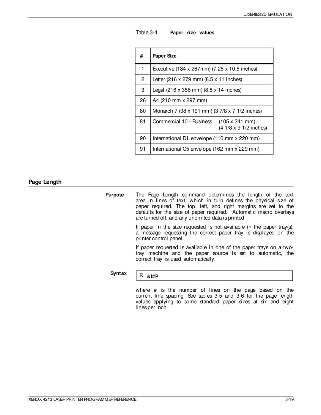 Xerox 4213 manual Length, Paper size values, Paper Size 