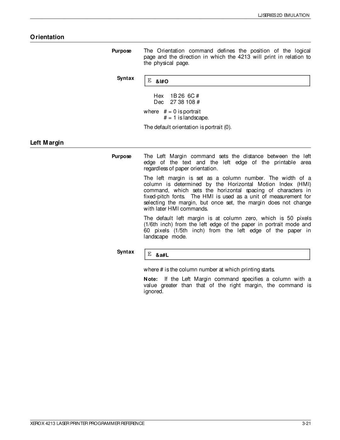 Xerox 4213 manual Orientation, Left Margin 