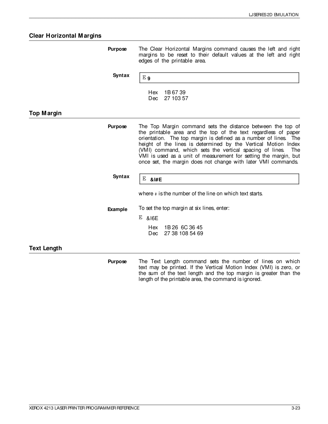 Xerox 4213 manual Clear Horizontal Margins, Top Margin, Text Length 