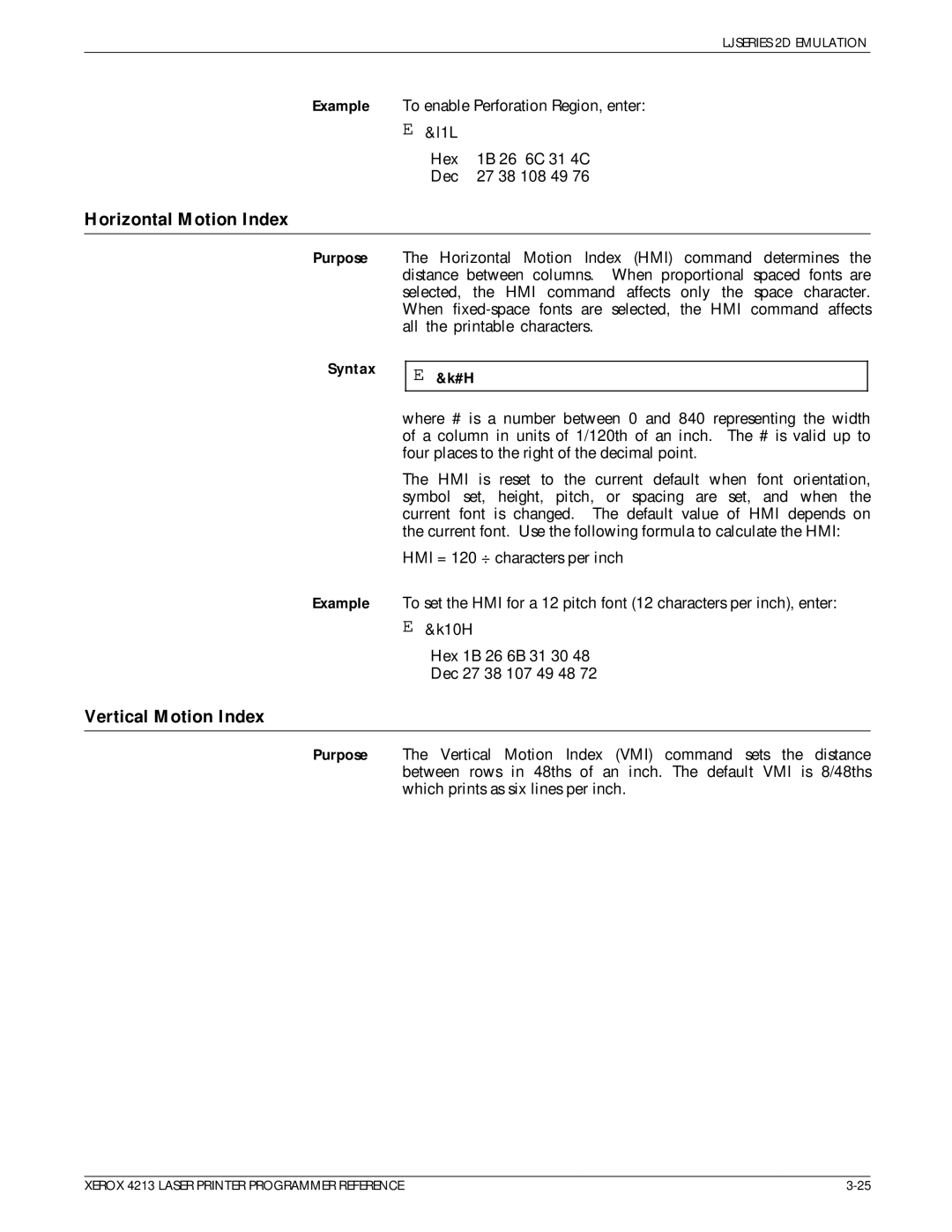 Xerox 4213 manual Horizontal Motion Index, Vertical Motion Index 