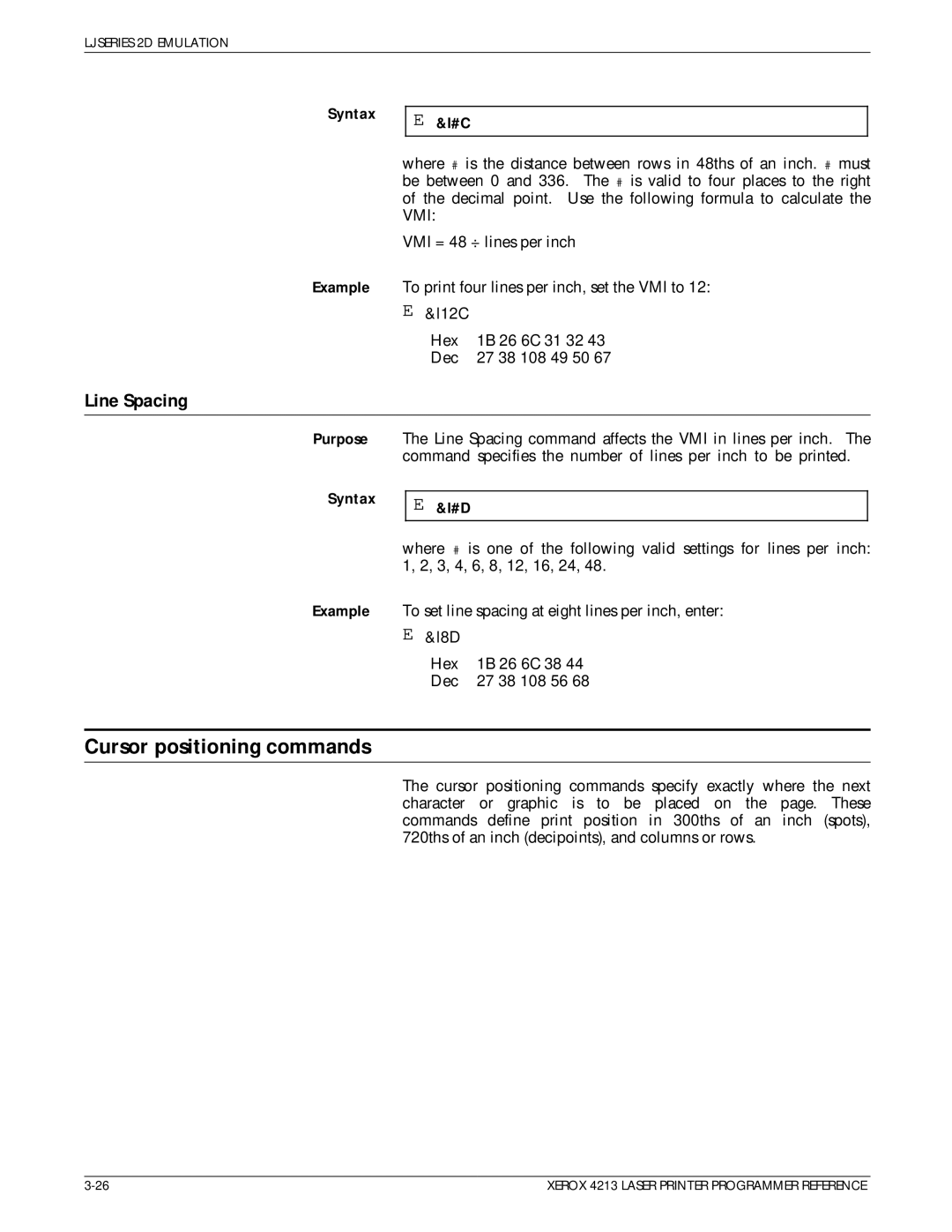 Xerox 4213 manual Cursor positioning commands, Line Spacing 