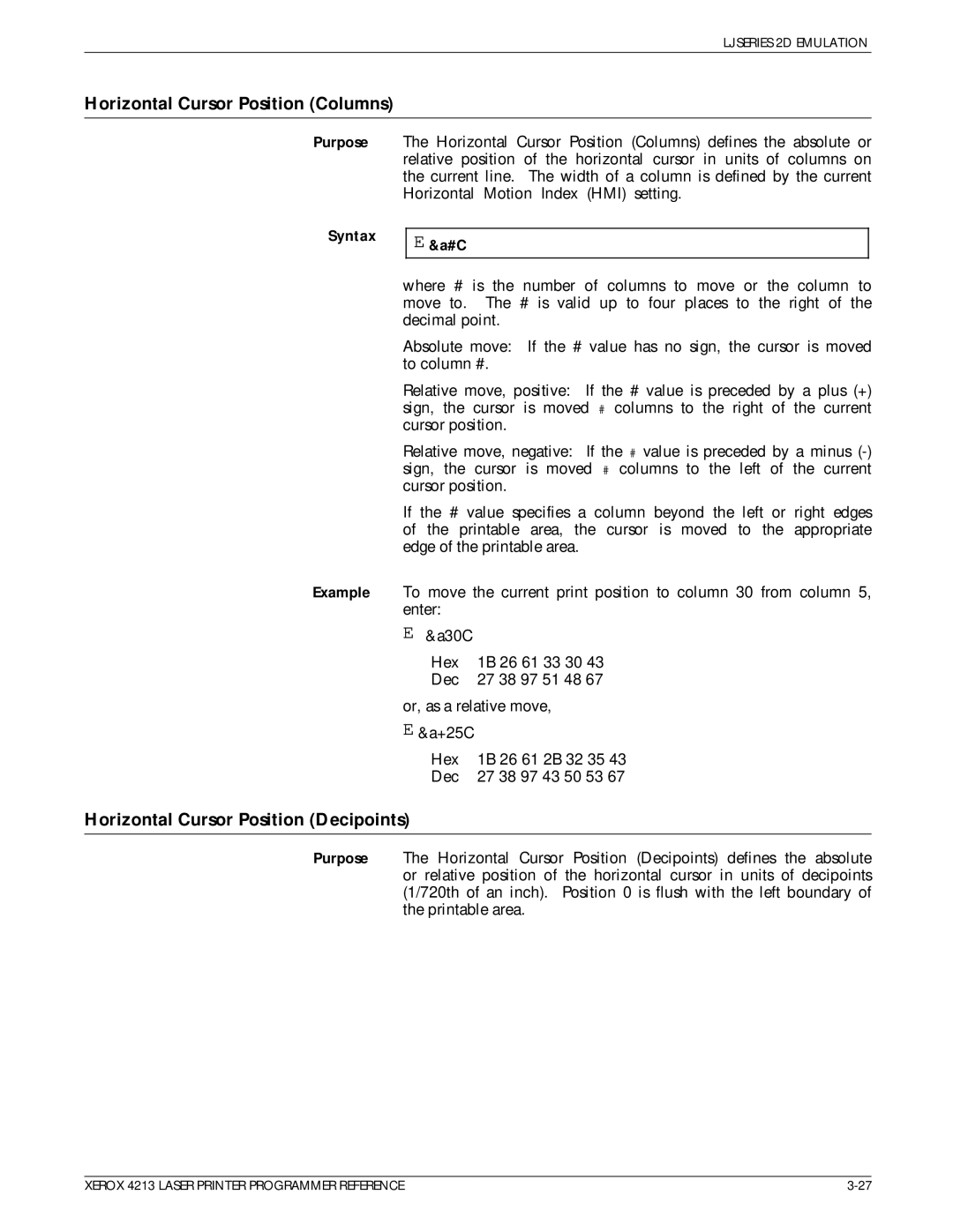 Xerox 4213 manual Horizontal Cursor Position Columns, Horizontal Cursor Position Decipoints 