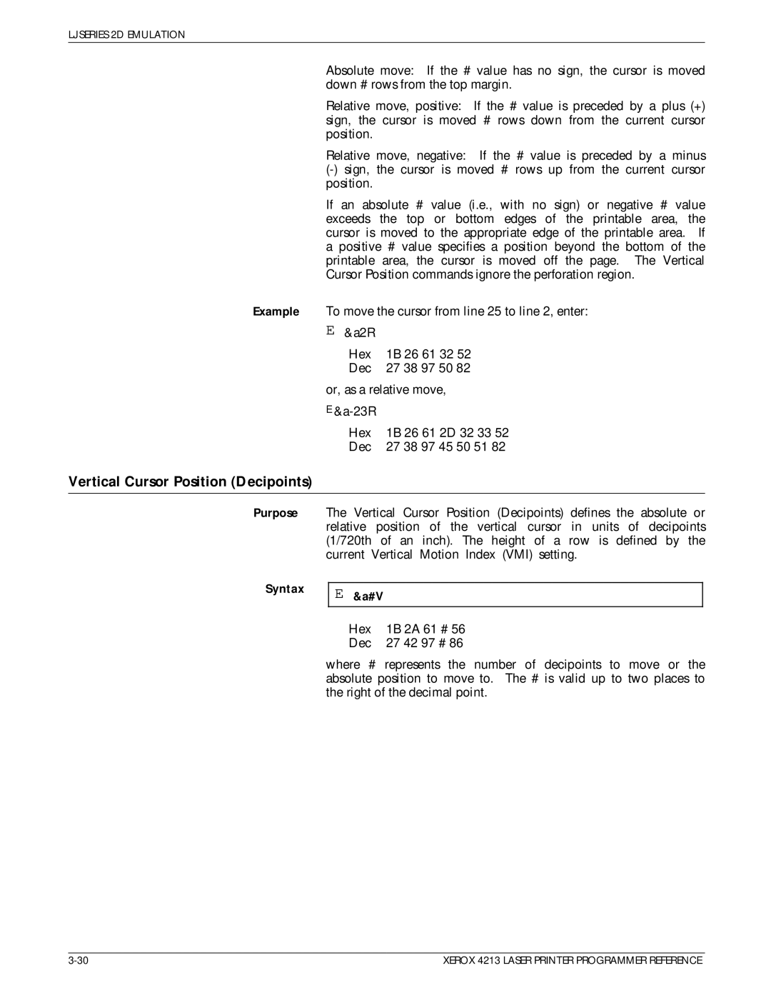 Xerox 4213 manual Vertical Cursor Position Decipoints 