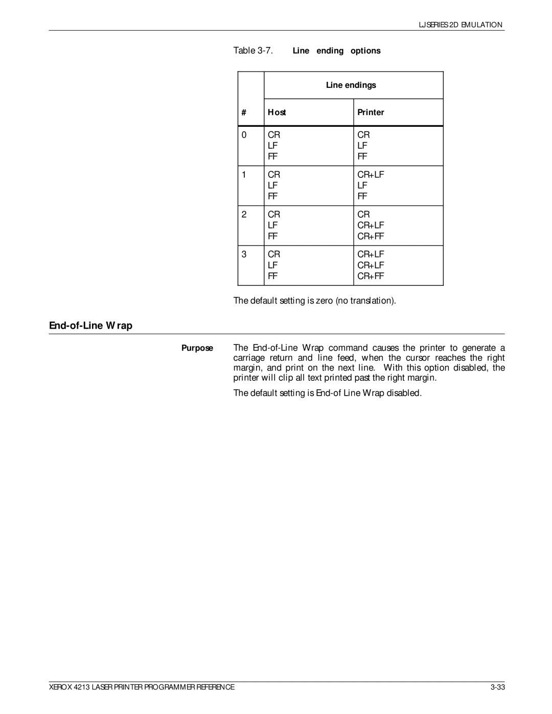 Xerox 4213 manual End-of-Line Wrap, Line ending options, Line endings, Host Printer 