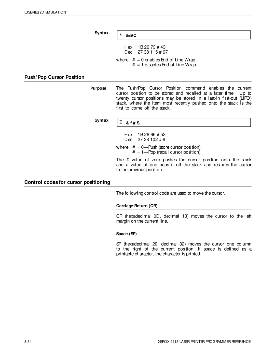 Xerox 4213 manual Push/Pop Cursor Position, Control codes for cursor positioning, # S, Carriage Return CR, Space SP 