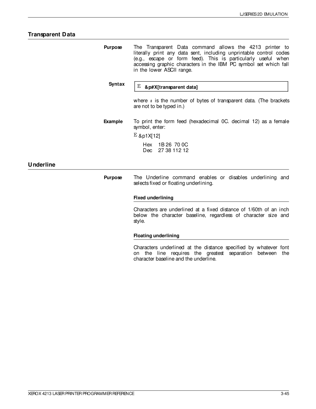 Xerox 4213 manual Transparent Data, Underline, #Xtransparent data, Fixed underlining, Floating underlining 