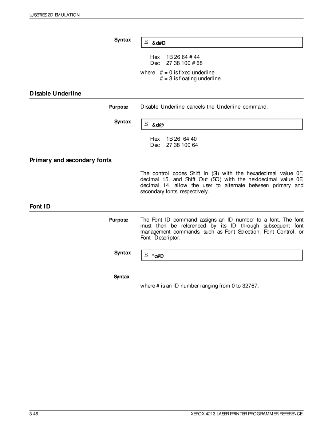 Xerox 4213 manual Disable Underline, Primary and secondary fonts, Font ID 