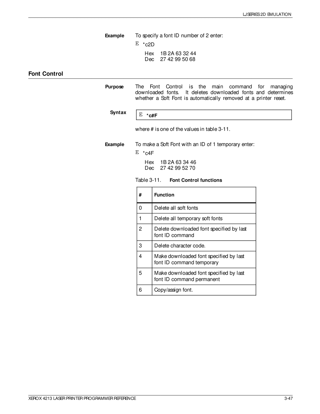 Xerox 4213 manual Font Control functions, Function 