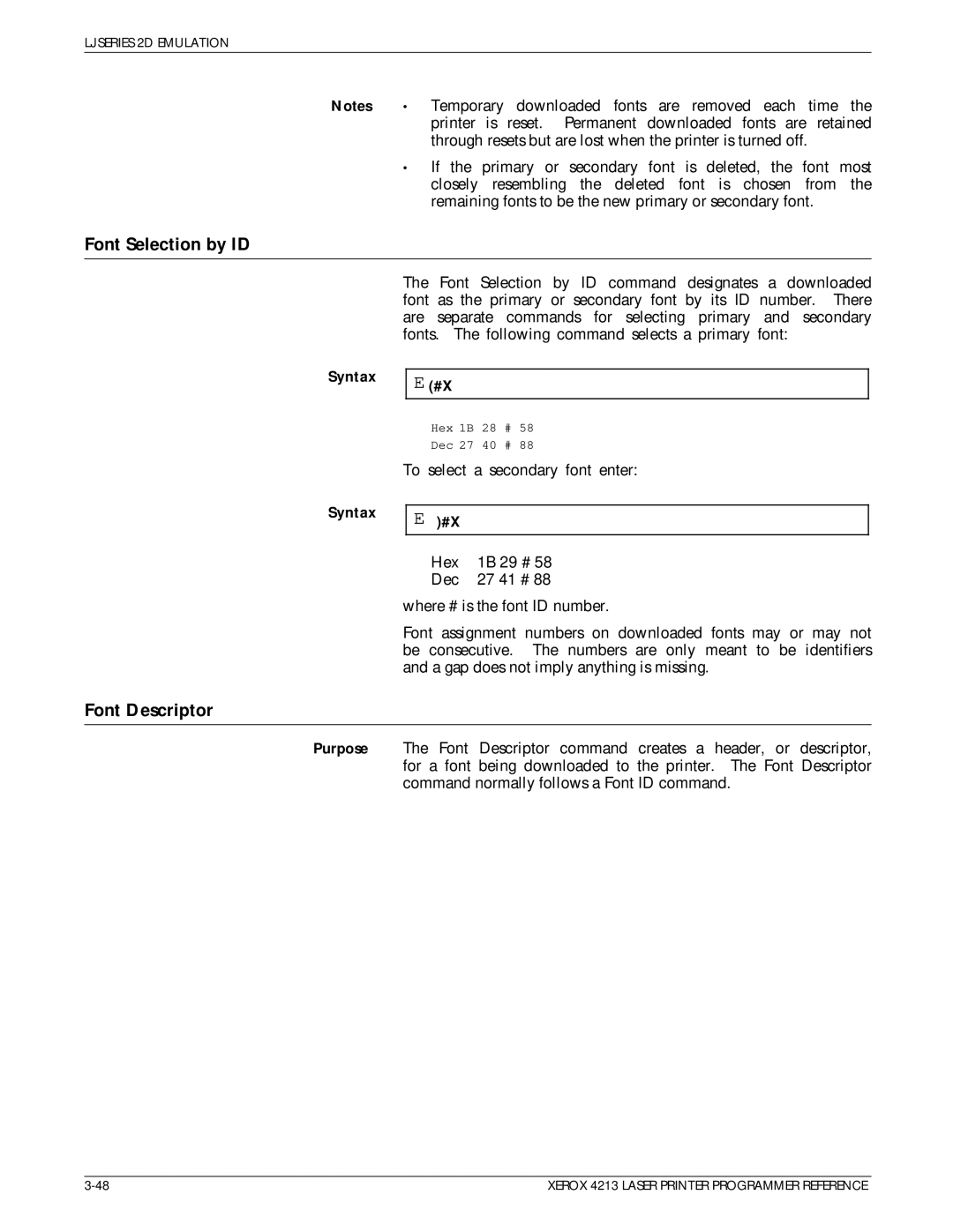 Xerox 4213 manual Font Selection by ID, Font Descriptor 