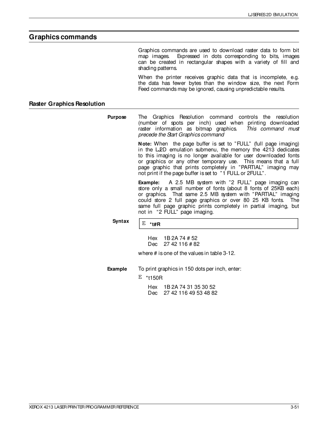 Xerox 4213 manual Graphics commands, Raster Graphics Resolution 