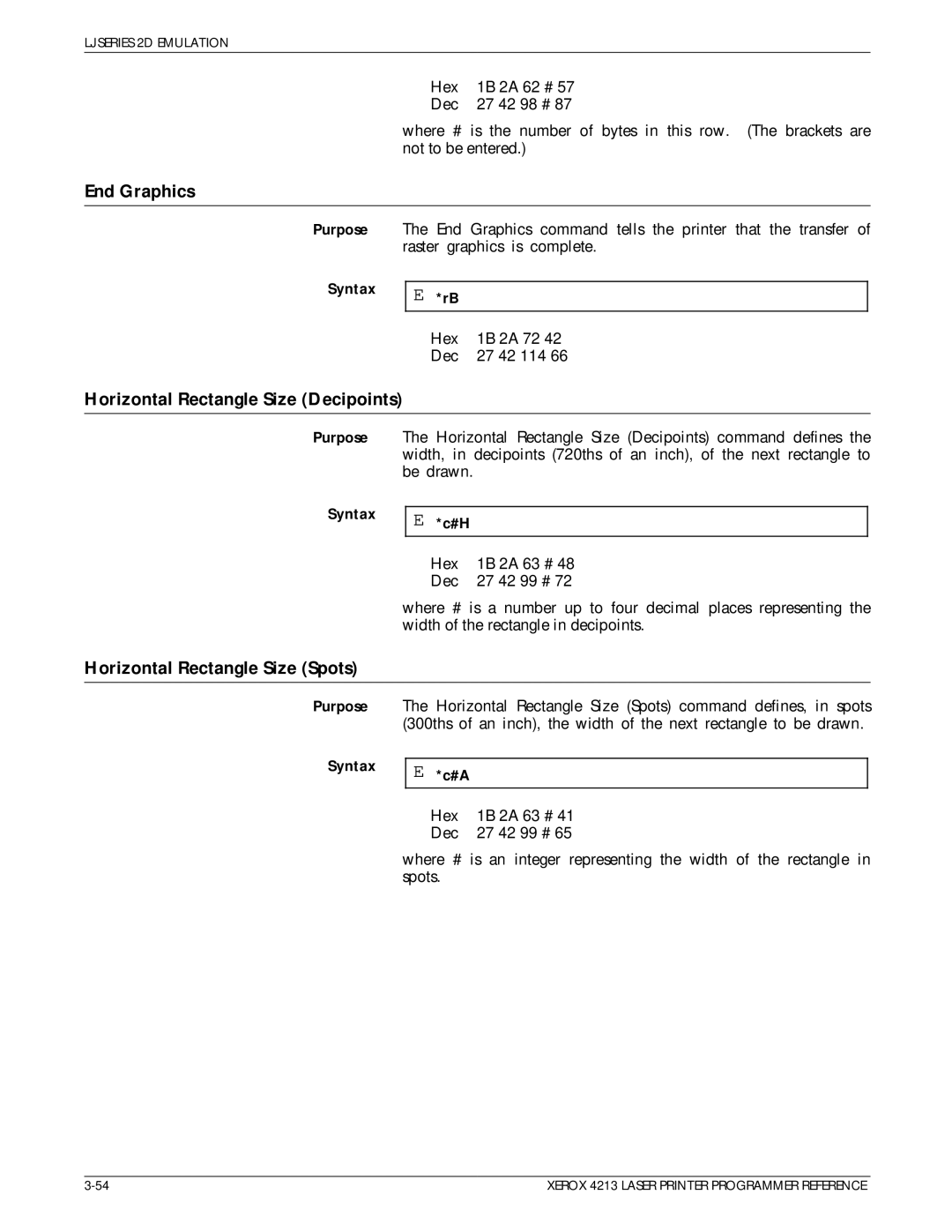 Xerox 4213 manual End Graphics, Horizontal Rectangle Size Decipoints, Horizontal Rectangle Size Spots 