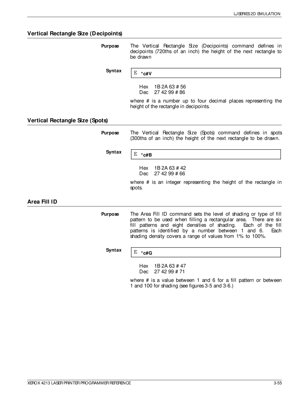 Xerox 4213 manual Vertical Rectangle Size Decipoints, Vertical Rectangle Size Spots, Area Fill ID 