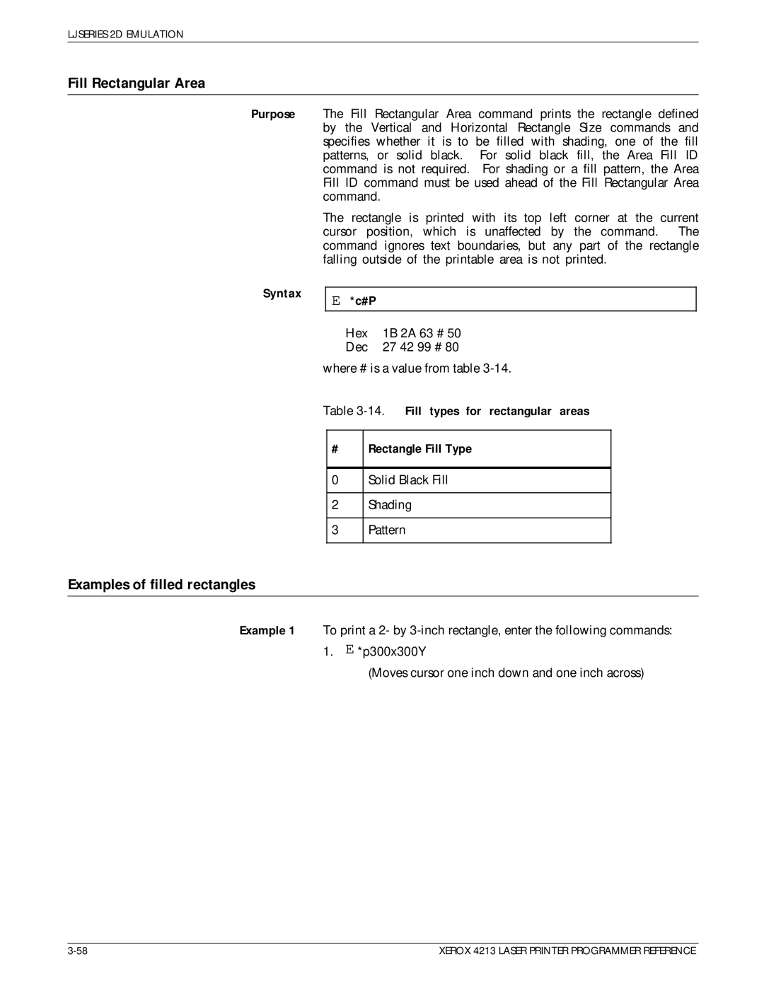 Xerox 4213 Fill Rectangular Area, Examples of filled rectangles, Fill types for rectangular areas Rectangle Fill Type 