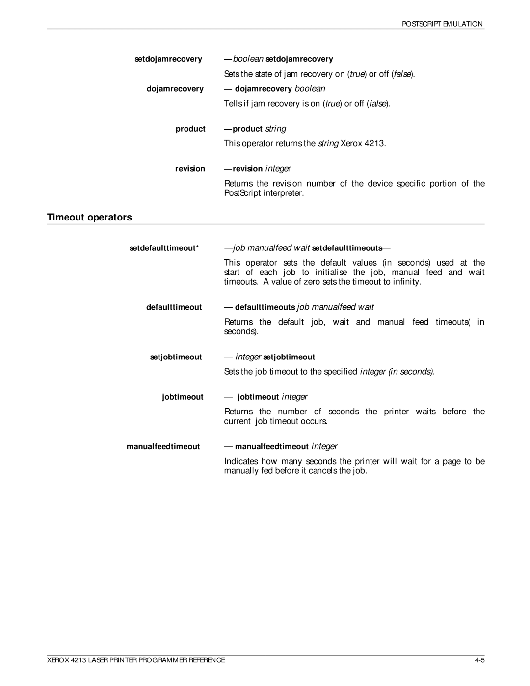 Xerox 4213 manual Timeout operators, Defaulttimeout 