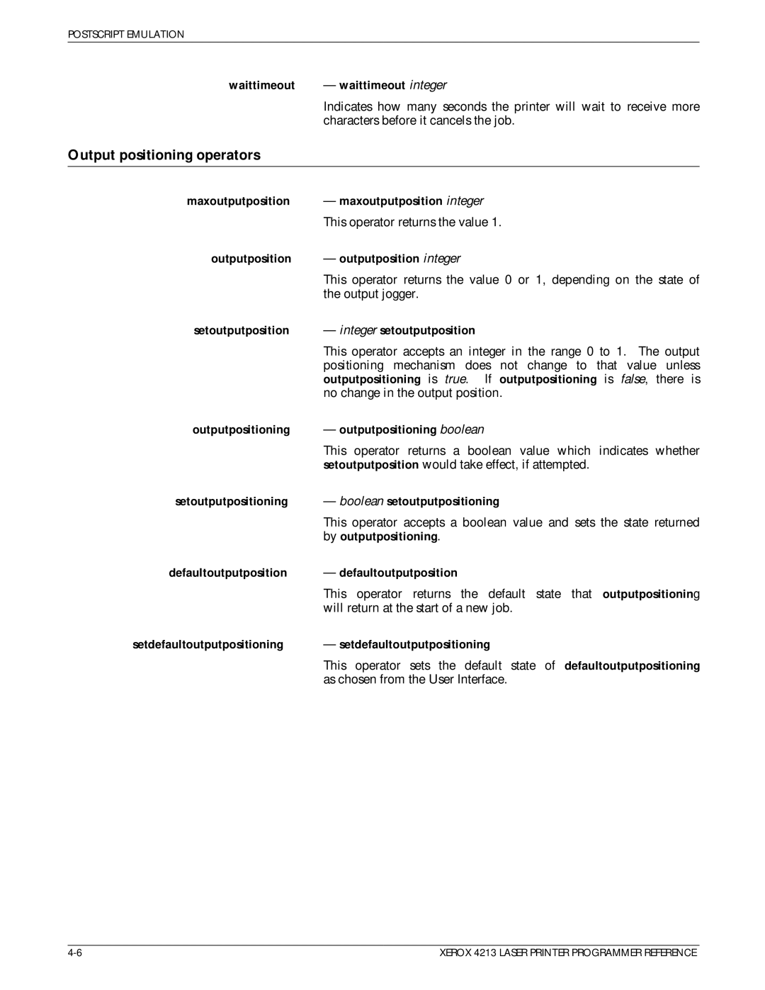 Xerox 4213 manual Output positioning operators 