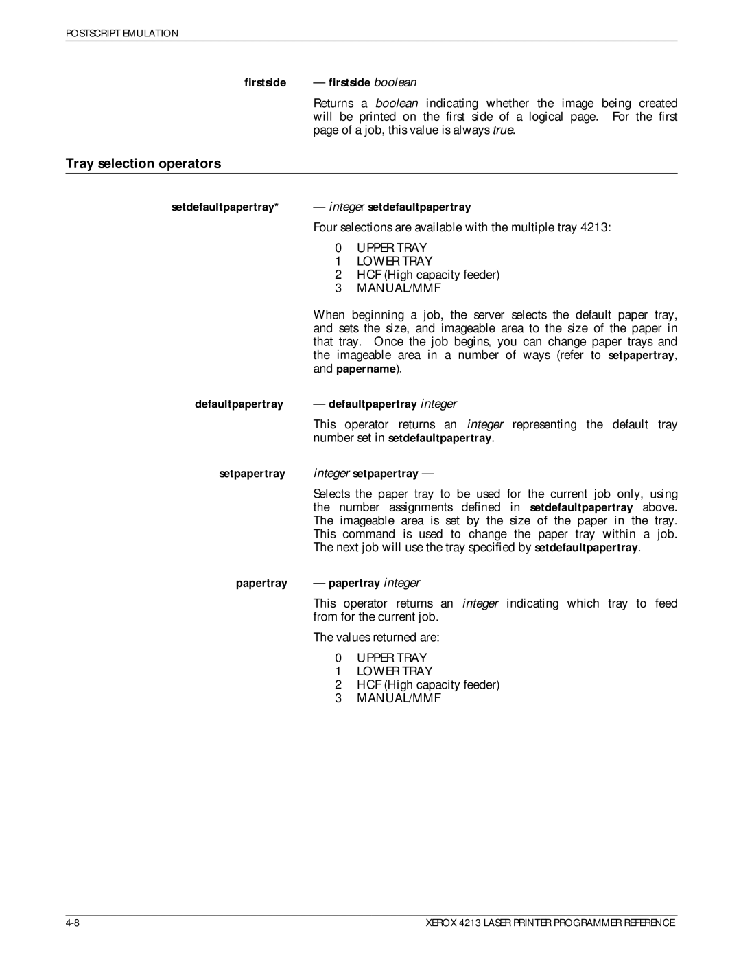 Xerox 4213 manual Tray selection operators 