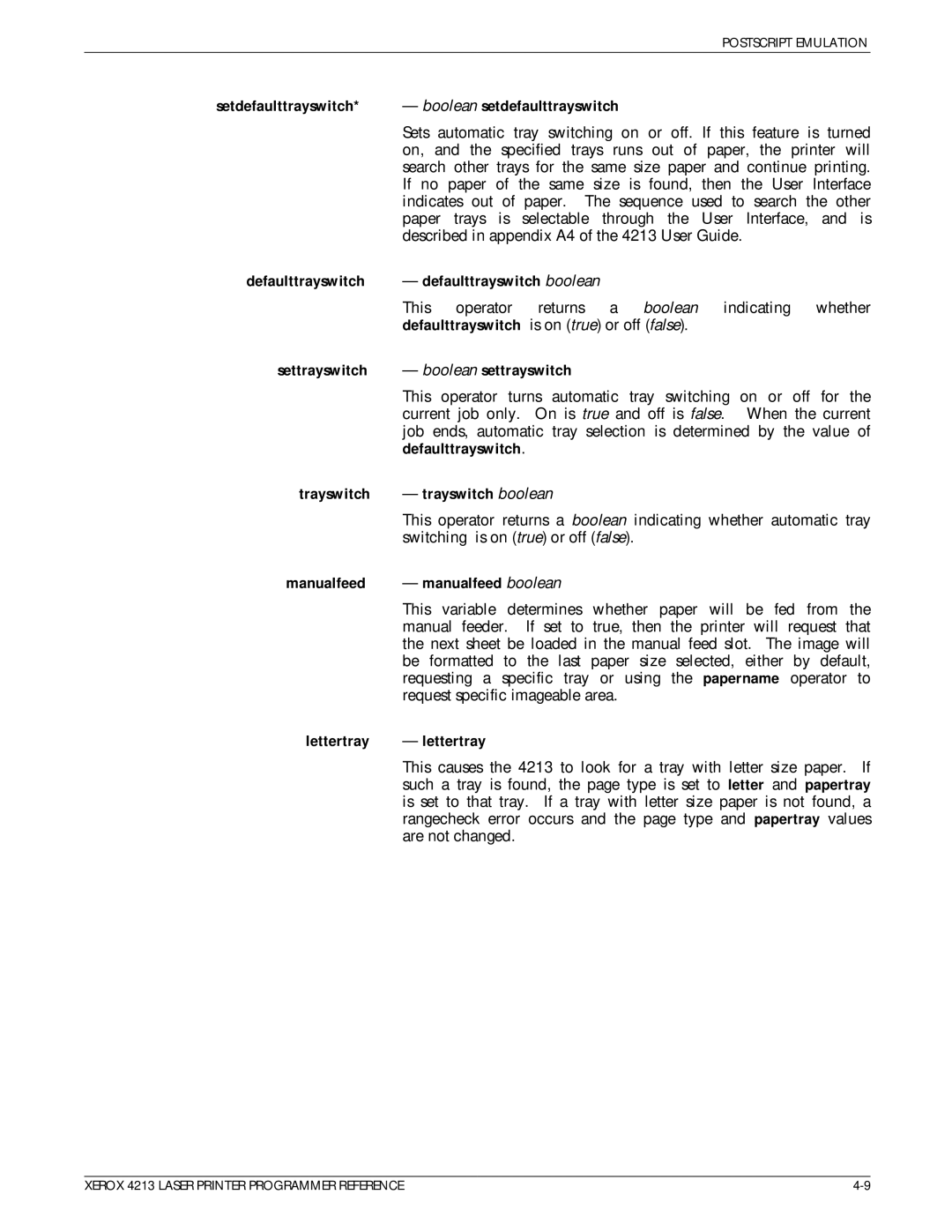 Xerox 4213 Setdefaulttrayswitch Boolean setdefaulttrayswitch, Defaulttrayswitch Defaulttrayswitch boolean, Lettertray 