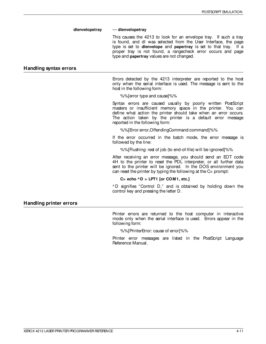 Xerox 4213 manual Handling syntax errors, Handling printer errors, Dlenvelopetray, Echo D LPT1 or COM1, etc 