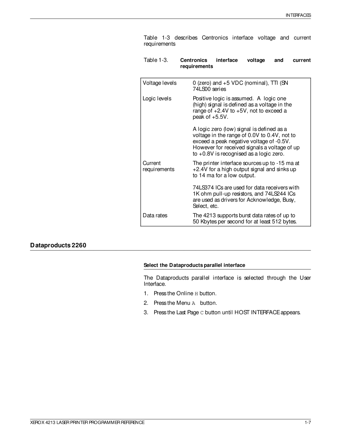 Xerox 4213 manual Centronics Interface Voltage, Requirements, Select the Dataproducts parallel interface 