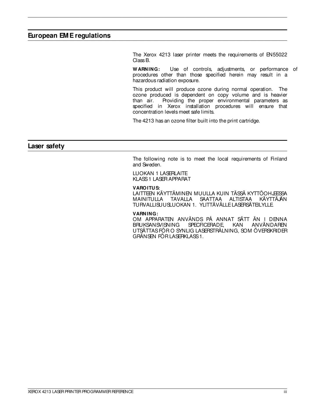 Xerox 4213 manual European EME regulations, Laser safety 