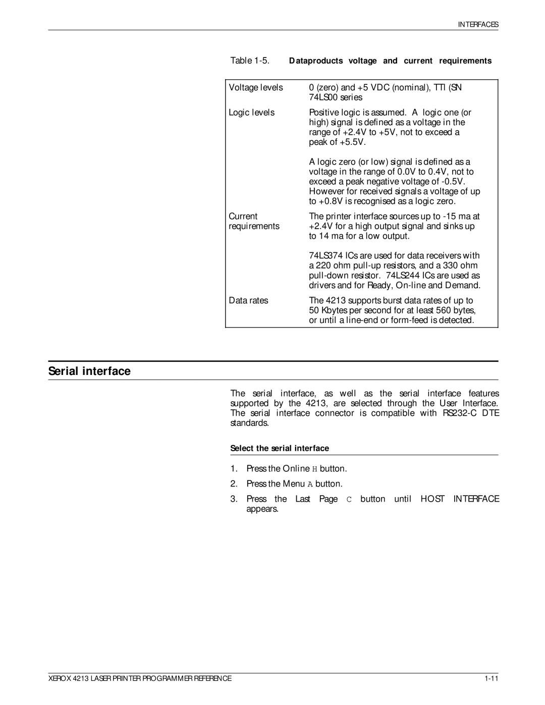 Xerox 4213 manual Serial interface, Dataproducts voltage and current requirements, Select the serial interface 