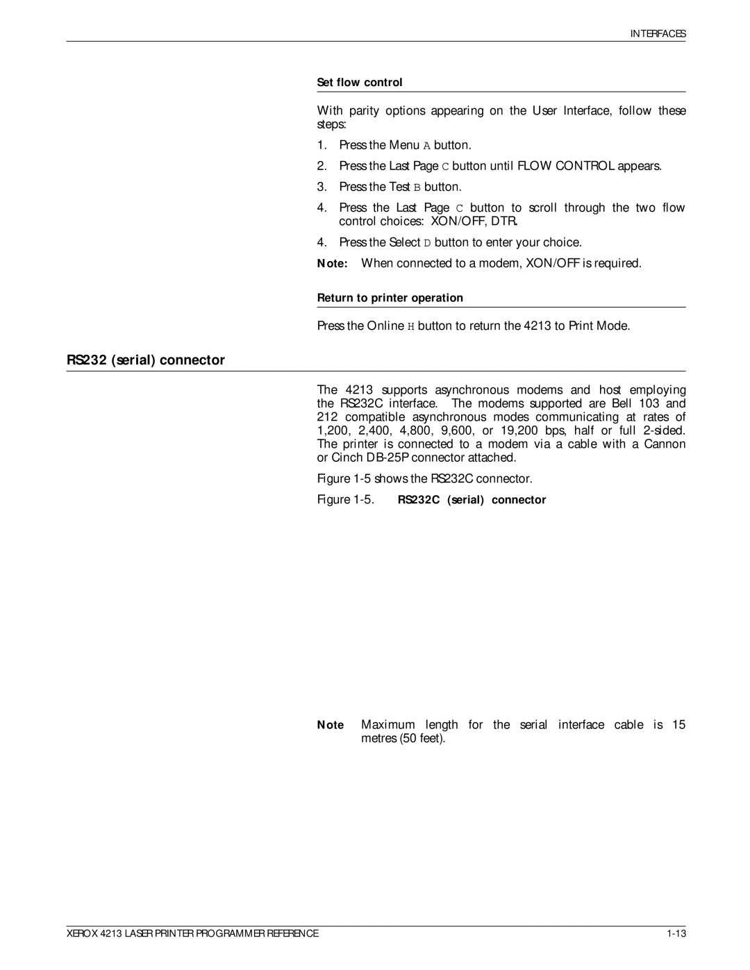 Xerox 4213 manual RS232 serial connector, Set flow control, Return to printer operation 