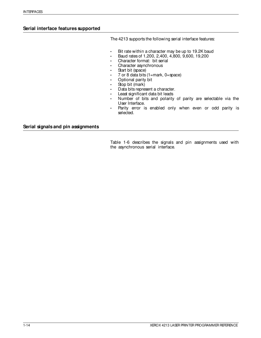 Xerox 4213 manual Serial interface features supported, Serial signals and pin assignments 