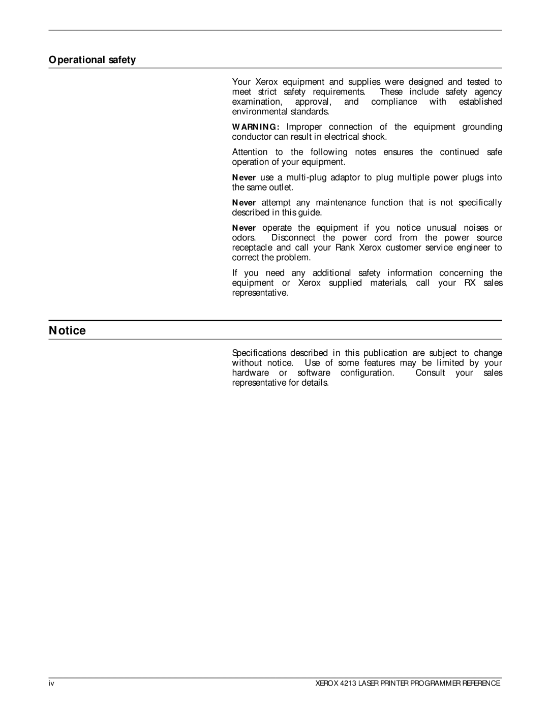 Xerox 4213 manual Operational safety 