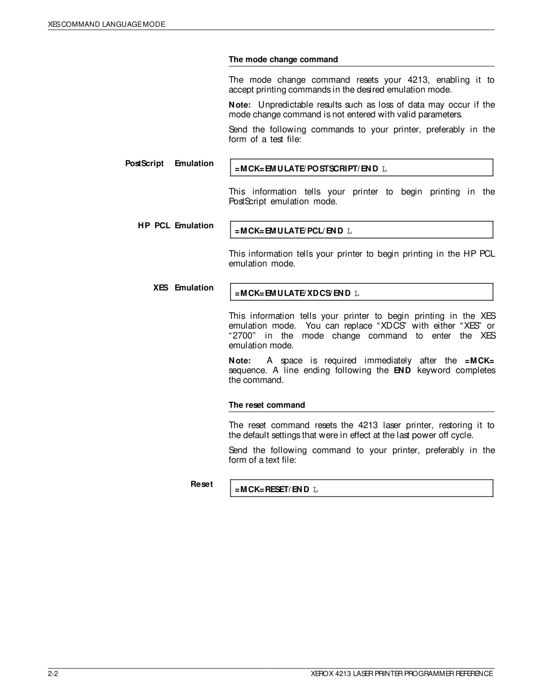 Xerox 4213 manual Mode change command, PostScript Emulation, HP PCL Emulation, XES Emulation, Reset command 