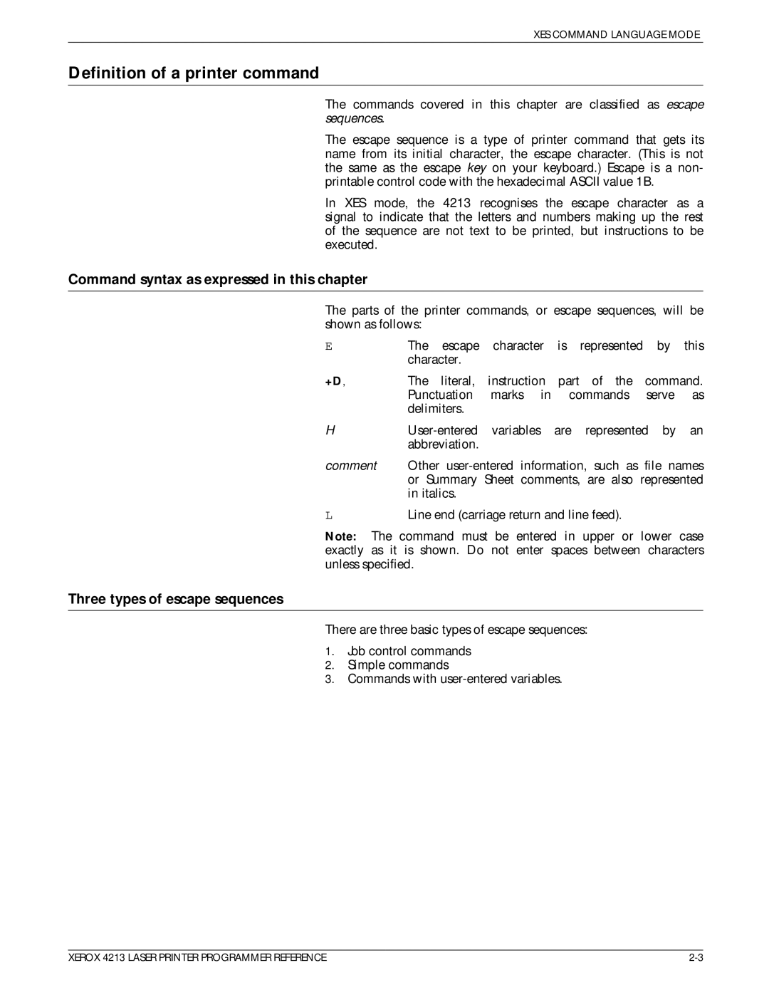 Xerox 4213 Definition of a printer command, Command syntax as expressed in this chapter, Three types of escape sequences 