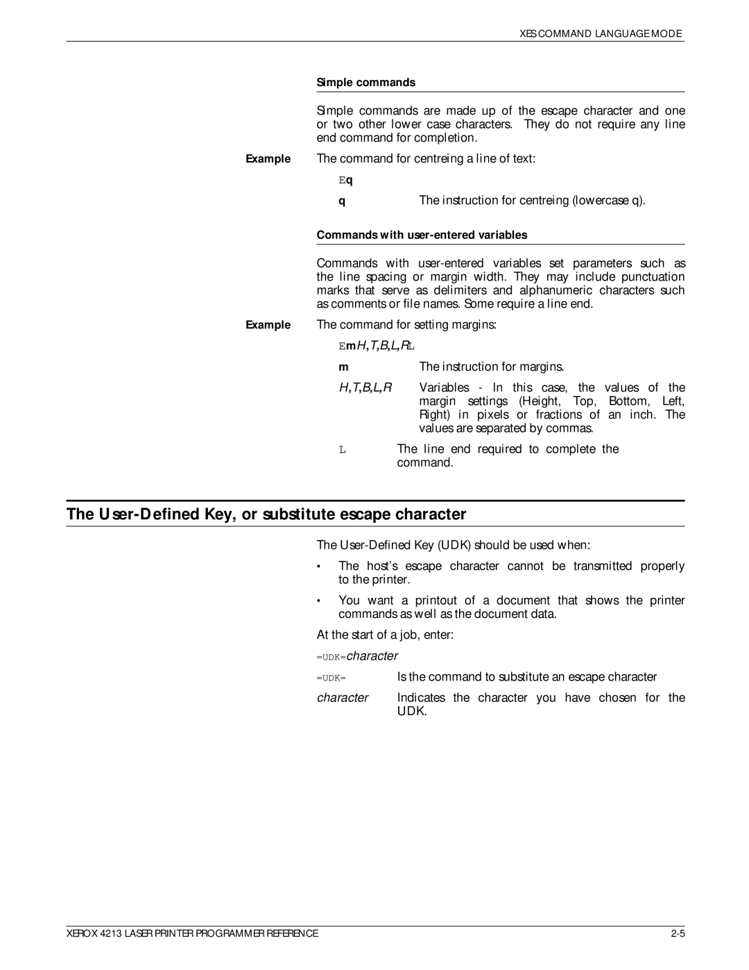 Xerox 4213 manual User-Defined Key, or substitute escape character, Simple commands, Commands with user-entered variables 