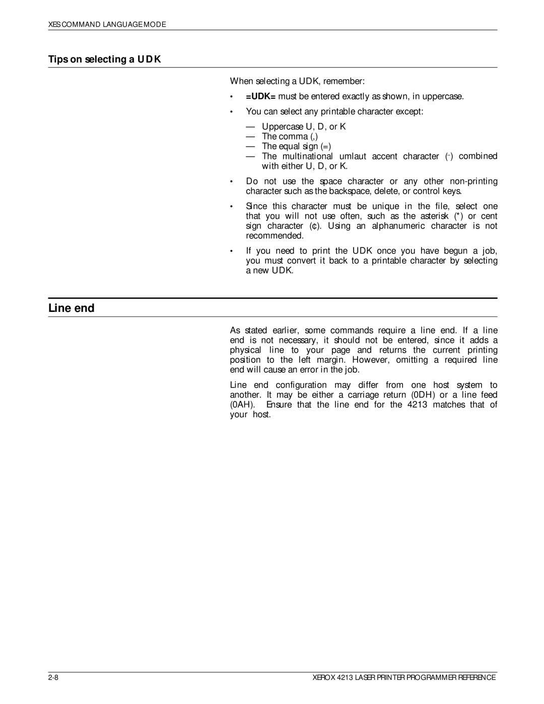 Xerox 4213 manual Line end, Tips on selecting a UDK 