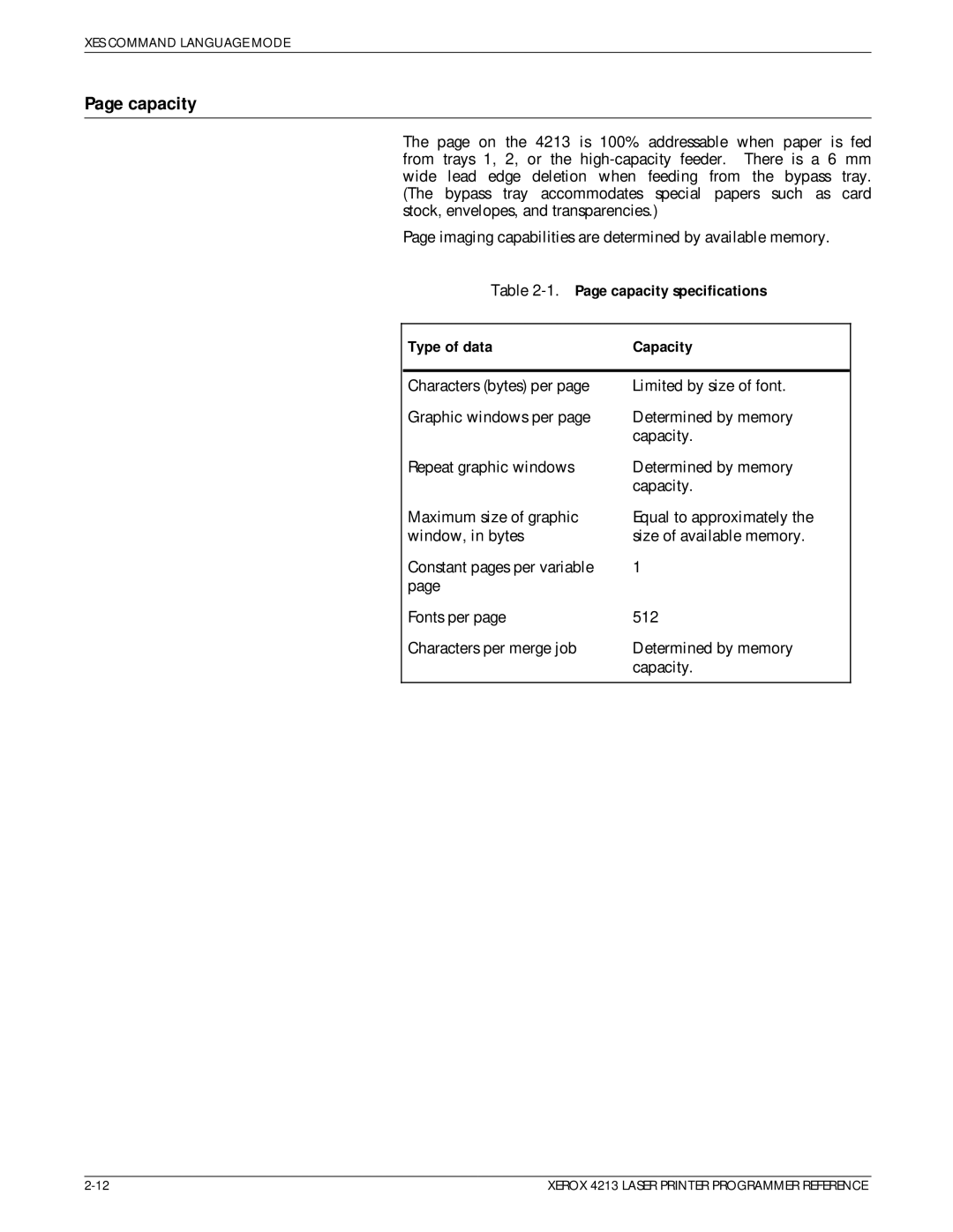 Xerox 4213 manual Capacity specifications Type of data 