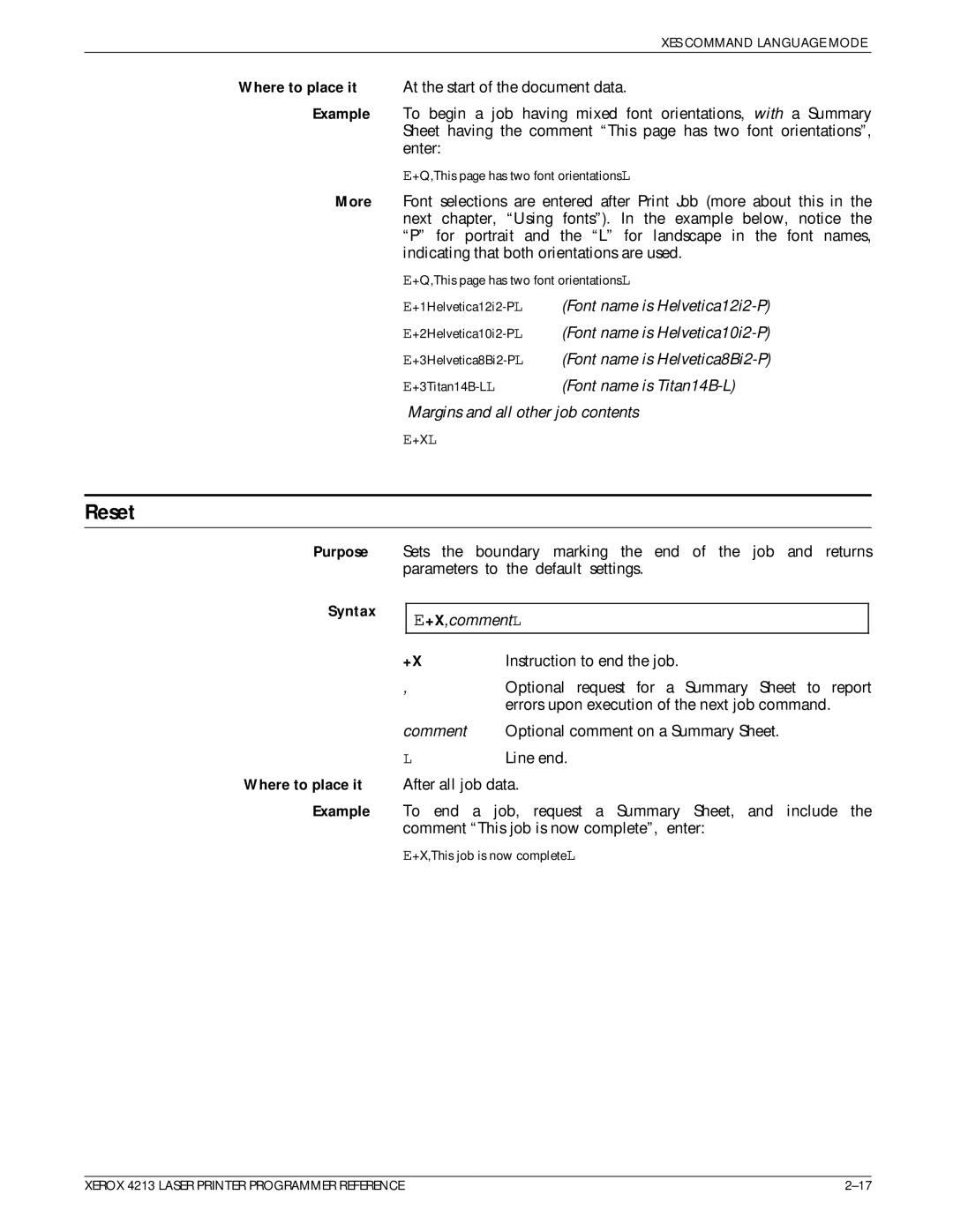 Xerox 4213 manual Reset, Purpose, Example 