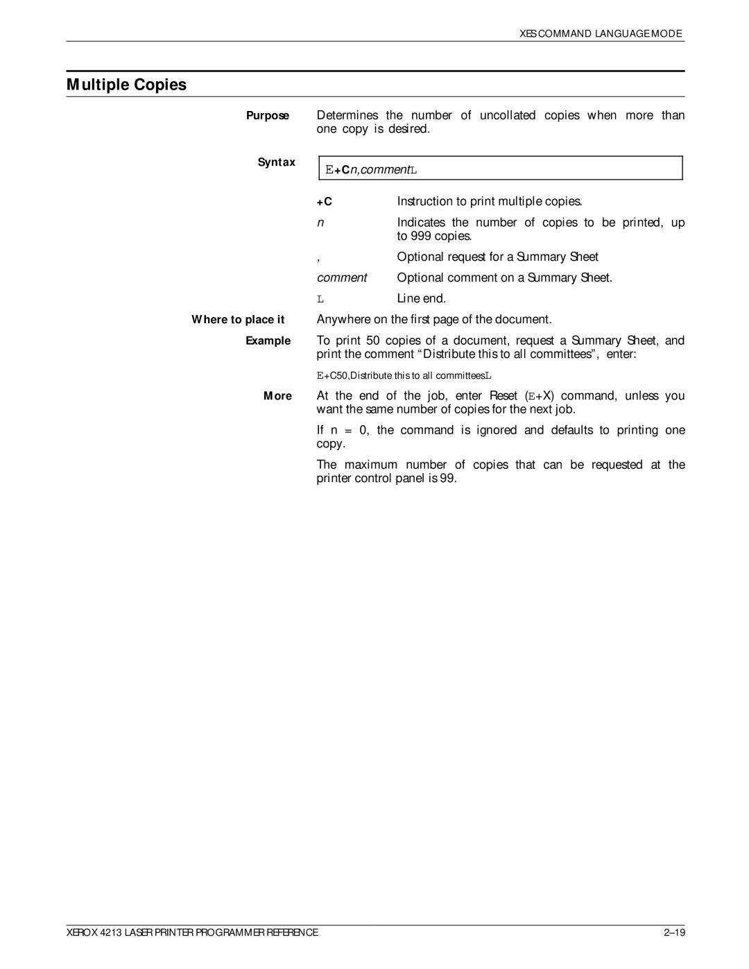 Xerox 4213 manual Multiple Copies, +Cn,comment L 