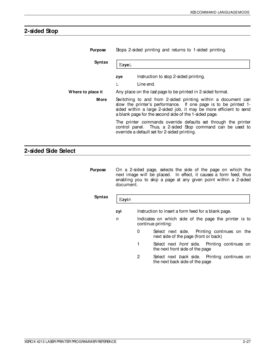 Xerox 4213 manual Sided Stop, Sided Side Select, Syntax Where to place it More EzyeL, Syntax Ezyi n 