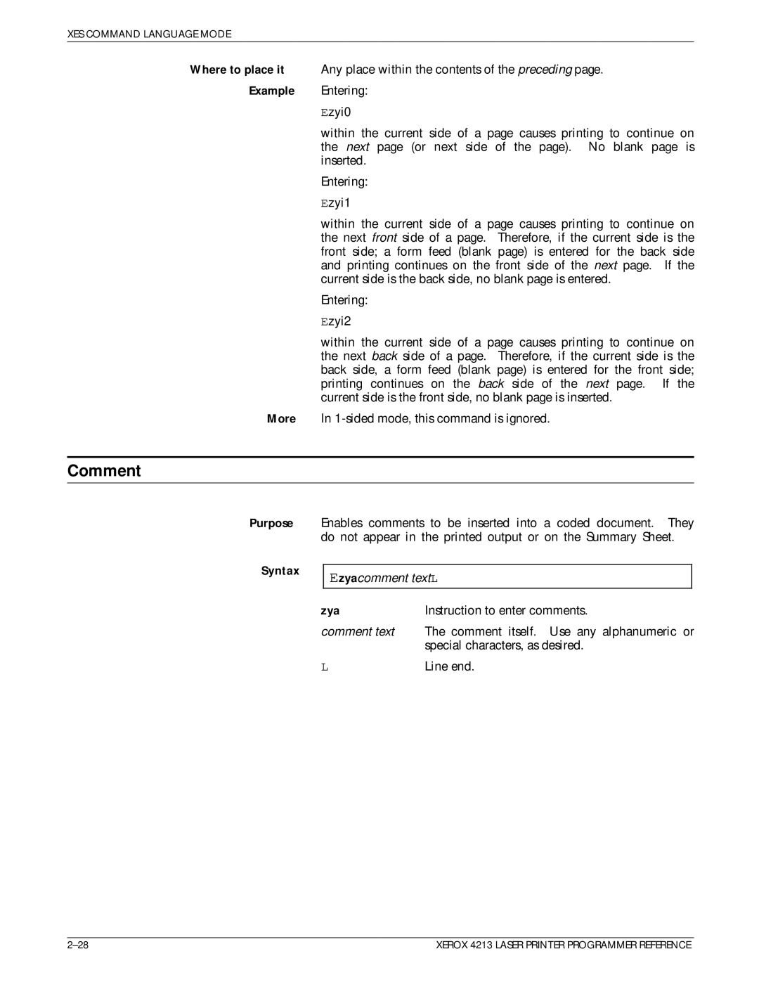 Xerox 4213 manual Comment, Purpose Syntax, Zya 