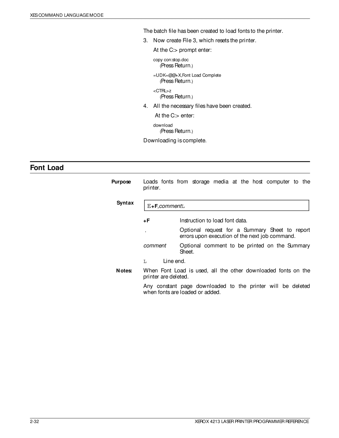 Xerox 4213 manual Font Load, Instruction to load font data 