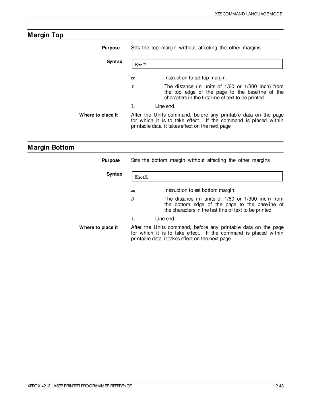 Xerox 4213 manual Margin Top, Margin Bottom 