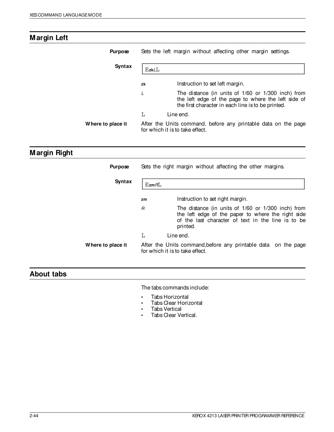 Xerox 4213 manual Margin Left, Margin Right, About tabs 