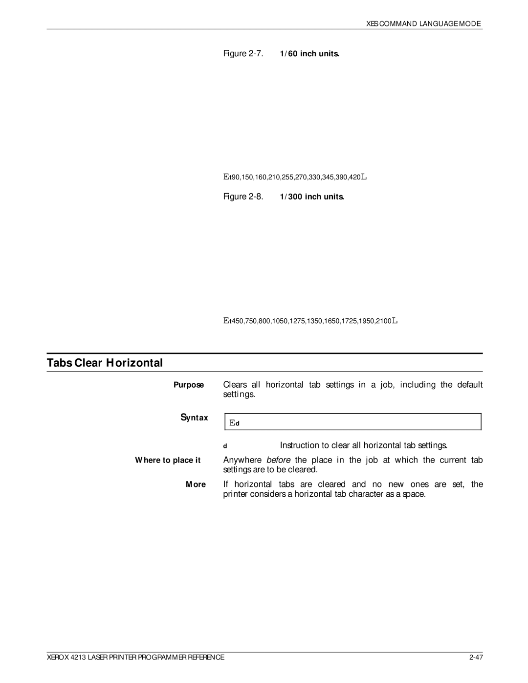 Xerox 4213 manual Tabs Clear Horizontal, 1/60 inch units 