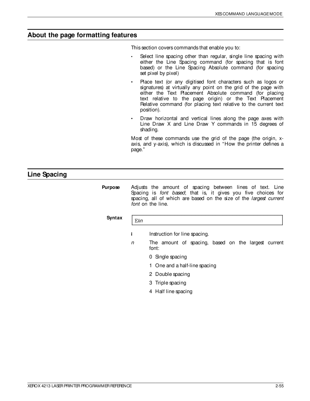 Xerox 4213 manual About the page formatting features, Line Spacing 