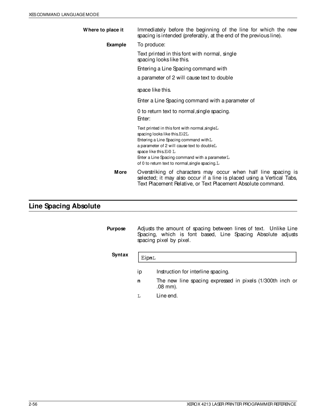 Xerox 4213 manual Line Spacing Absolute, Syntax Eip n L 