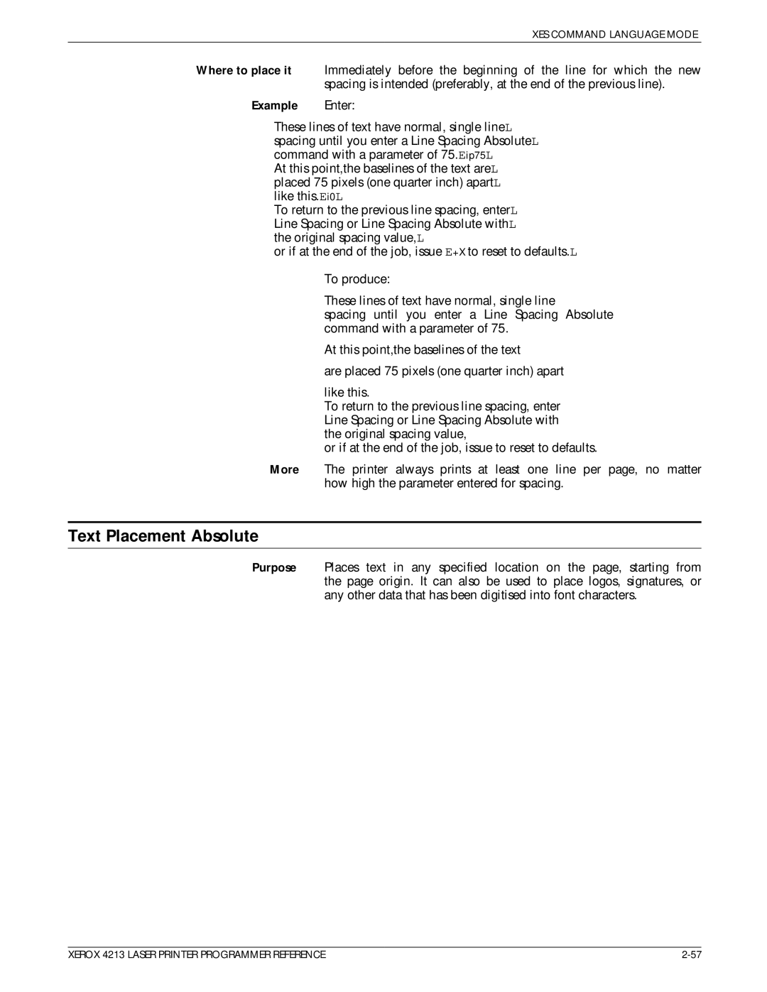 Xerox 4213 manual Text Placement Absolute, Example Enter 