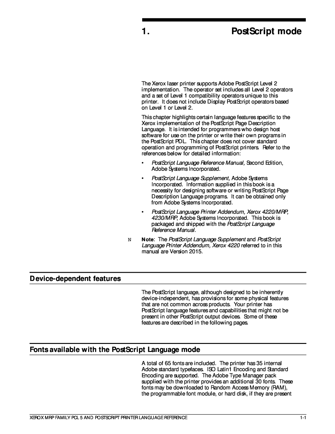 Xerox 4215/MRP manual PostScript mode, Device-dependent features, Fonts available with the PostScript Language mode 