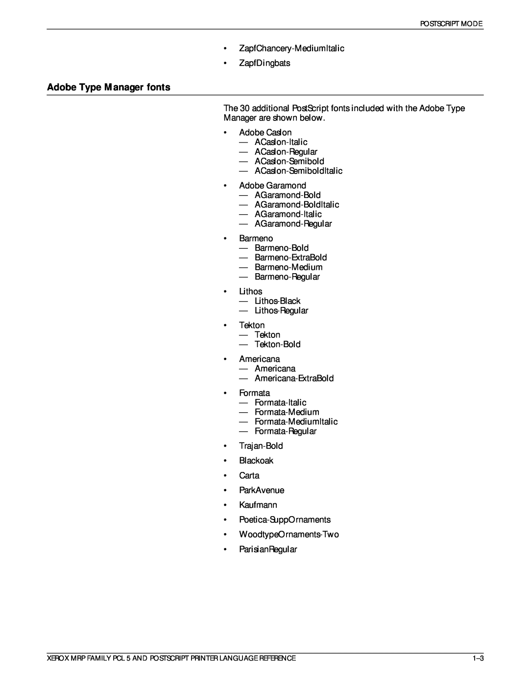 Xerox 4215/MRP manual Adobe Type Manager fonts 