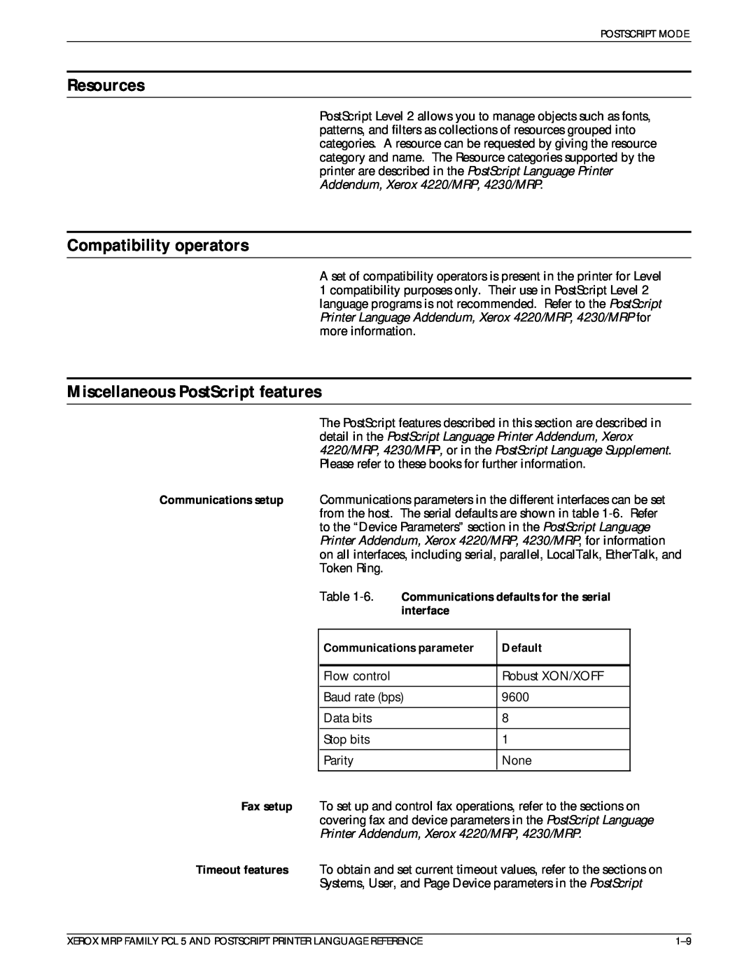 Xerox 4215/MRP Resources, Compatibility operators, Miscellaneous PostScript features, interface, Communications parameter 