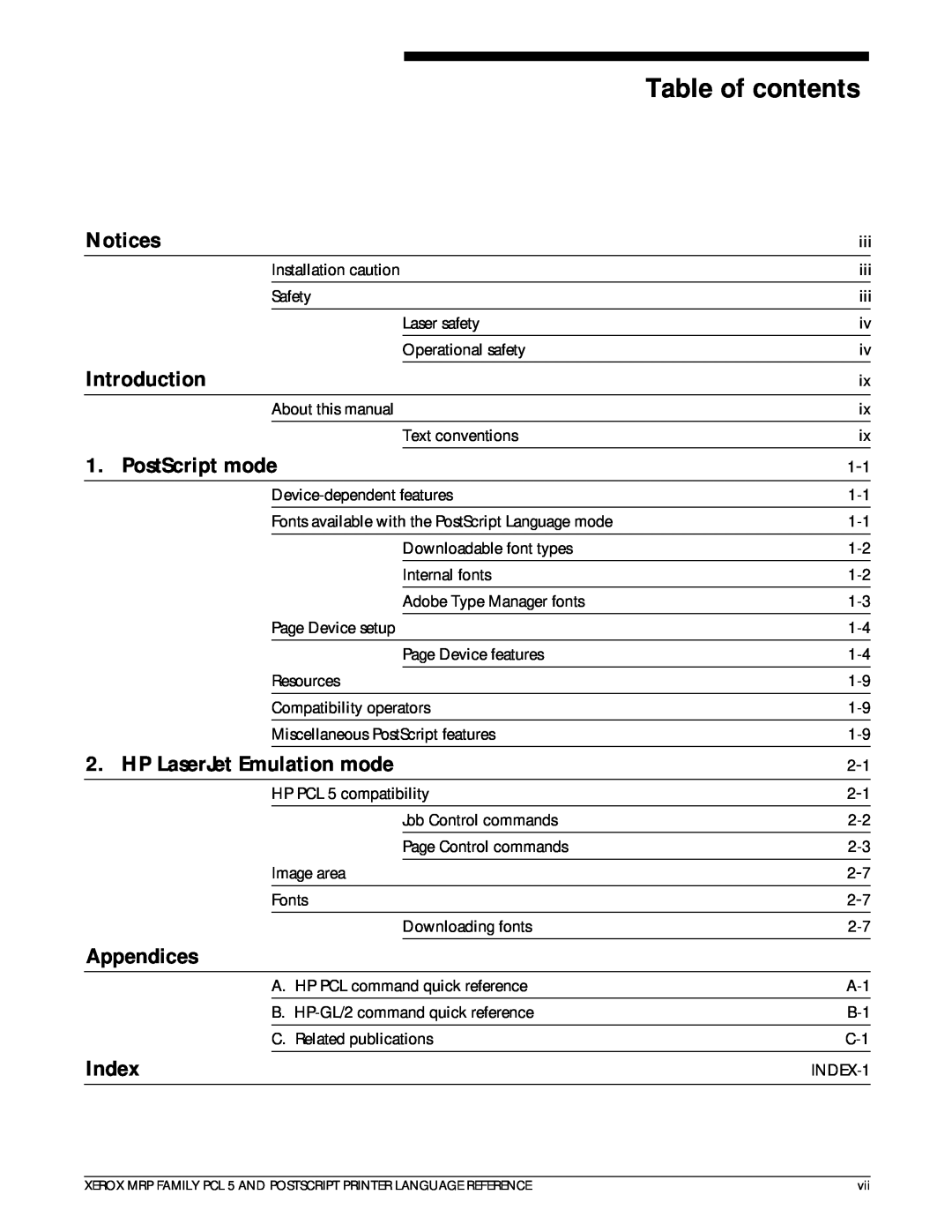 Xerox 4215/MRP Table of contents, Notices, Introduction, PostScript mode, HP LaserJet Emulation mode, Appendices, Index 