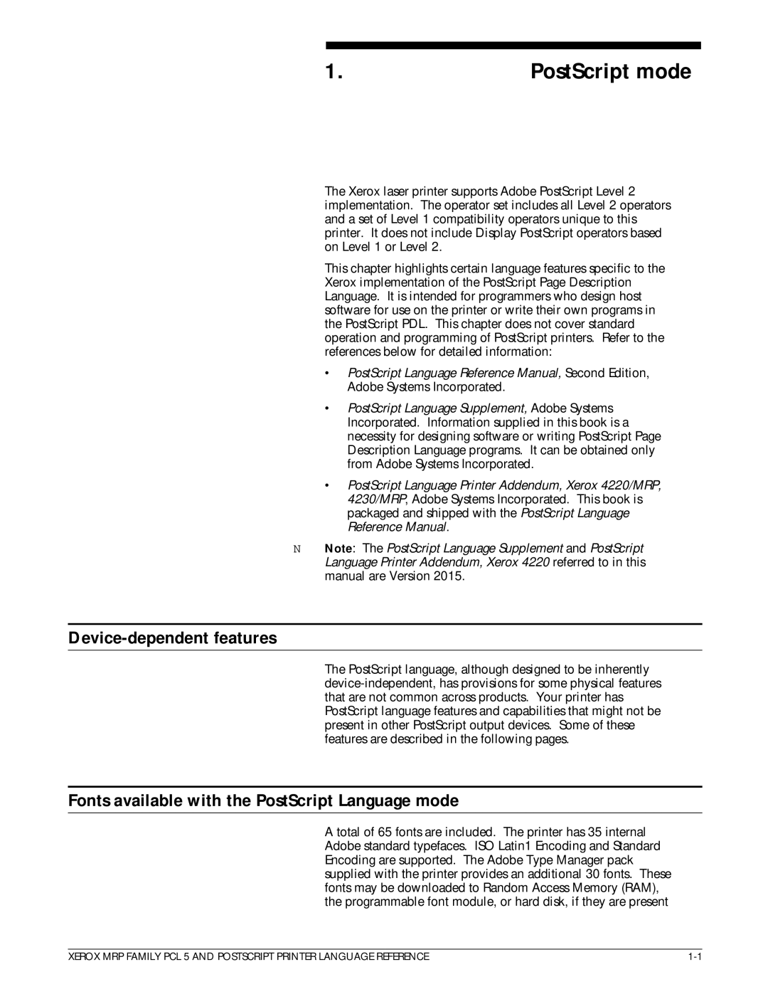 Xerox 4215/MRP manual Device-dependent features, Fonts available with the PostScript Language mode 