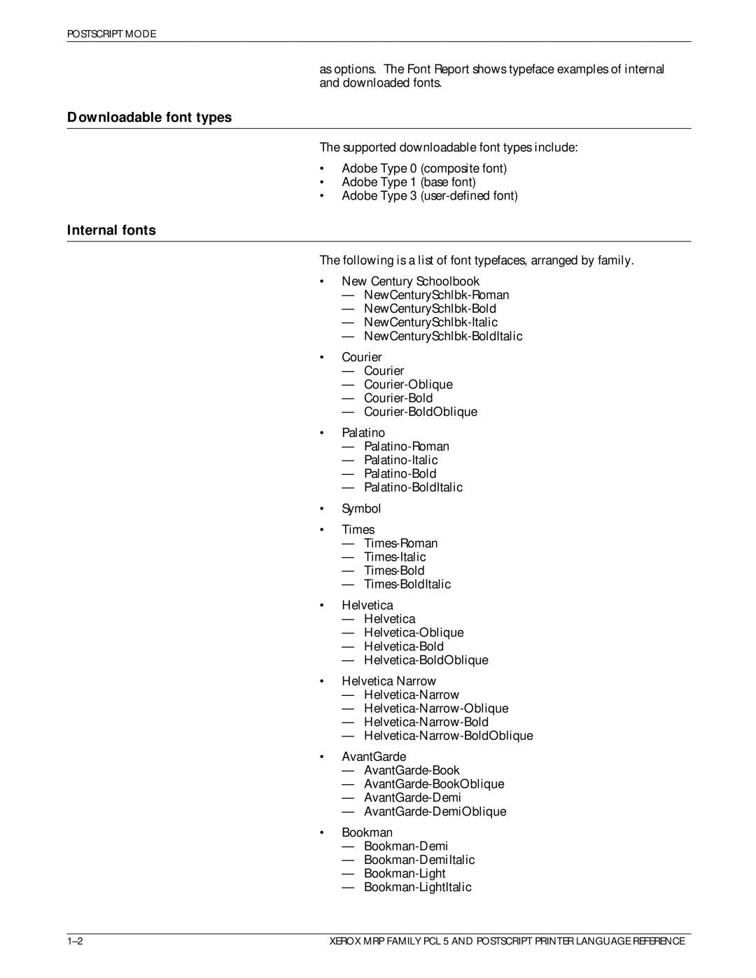 Xerox 4215/MRP manual Downloadable font types, Internal fonts 